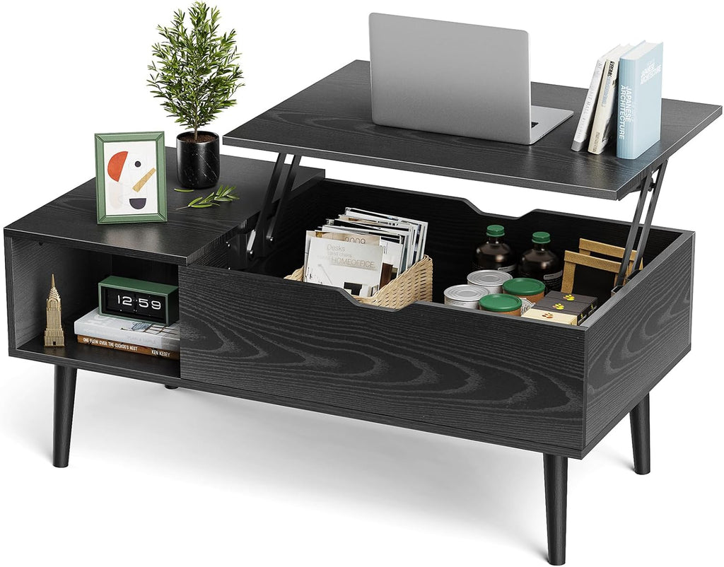 OLIXIS Wood Lift Top Coffee Table with Hidden Compartment and Large Storage Shelf, Lift Tabletop Dining Center Table for Home Living Room Office, Black