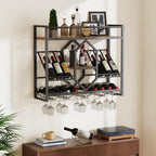 HOOBRO Wall Mounted Wine Rack with LED Light, 31.5" Wine Shelf, 3 Tier Wine Bottle Display Shelf with Glass Holder, Hanging Bar Liquor Storage Rack, for Kitchen, Bar, Rustic Brown and Black BF73DBJ01