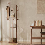 Solid Wood Rotary Coat Rack, Freestanding Coat Rack with 3 Shelves and 9 Hooks, Coat tree for Bedroom, Entryway, Livingroom, Coat Hanger Stand for Coats, Scarves, Handbags (Walnut)