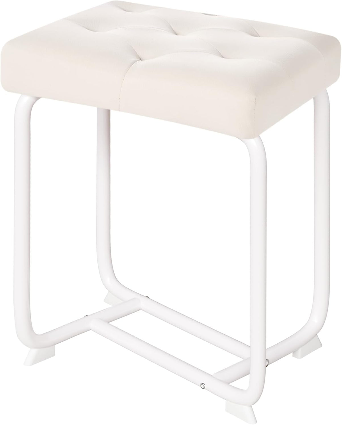 White Vanity Chair, Leather Vanity Stool, Small Stool Chair for Vanity, Square Ottoman Foot Stool, Makeup Vanity Chairs with Thick Padded Seat for Bathroom, Bedroom, Entryway, KFD01W