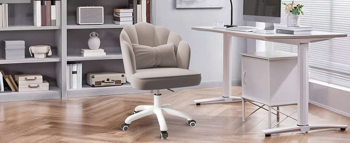 Chair with Bow Cushion Velvet Vanity Chair with Wheels, Upholstered Home Office Chair for Girls Women, Mid-Back Swivel Computer Task Chairs for Living Room Bedroom